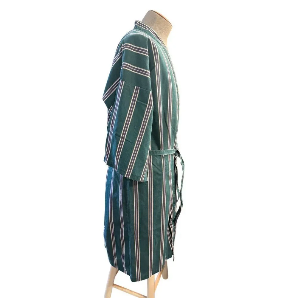 Puritan Men’s Robe Green Plum Stripe Belted Cotton Blend Kimono Loungewear